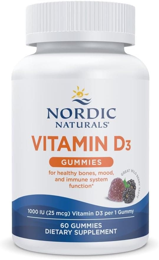 Gomitas de vitamina D3 de Nordic Naturals, bayas silvestres - 60 gomitas - 1000 UI de vitamina D3 - Gran sabor - Huesos saludables, estado de ánimo y función del sistema inmunológico - Sin OGM - 60 porciones | 1000 UI de vitamina D3 más 1,4 mg de hierro por gomita favorecen la salud de los huesos, el estado de ánimo y la función inmunológica. Gomitas sabor frutos del bosque
