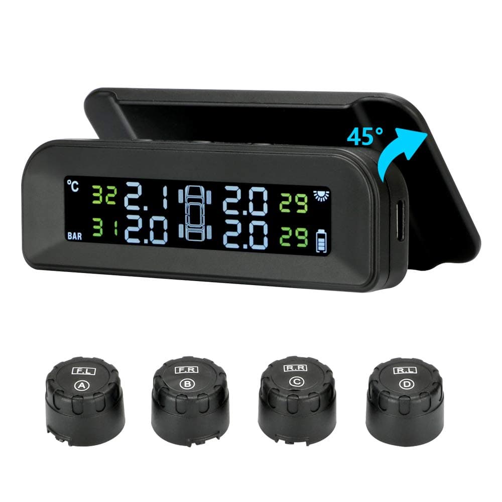 Sistema de monitoreo de presión de neumáticos TPMS solar inalámbrico, monitor de presión de neumáticos instalado en Windowshield con 4 sensores externos Presión de temperatura de visualización en tiempo real 22-87 PSI para automóvil RV SUV MPV Sedán