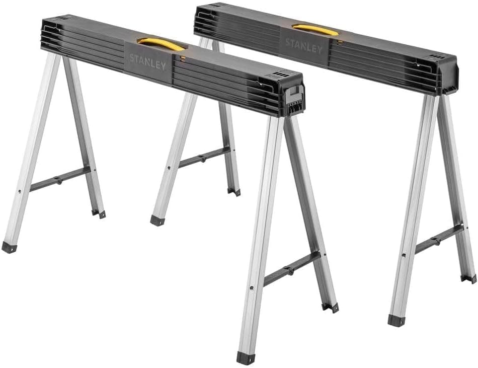STANLEY Banco de trabajo plegable Saw Horse Twin Pack, pata de metal resistente con cierre lateral, 1-97-475