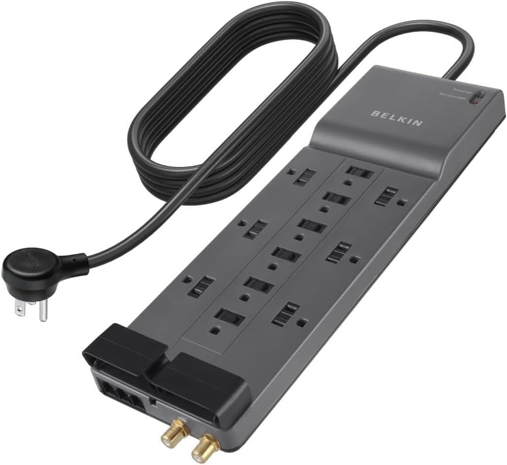 Belkin Regleta protectora contra sobretensiones con 12 salidas de CA y enchufe plano de 8 pies de largo, cable de extensión resistente con certificación UL para el hogar, la oficina, los viajes, la computadora, la computadora portátil y el cargador de teléfono - 3940 julios de protección | expansor de tomacorriente de pared, protección de línea telefónica, cubiertas de seguridad para tomacorrientes, gestión de cables