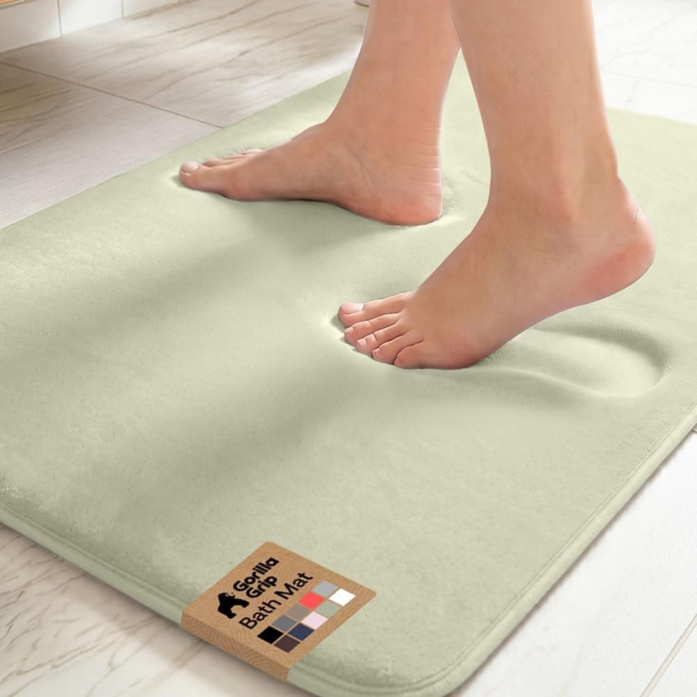 GORILLA GRIP® Tapete de baño de espuma viscoelástica, tapetes de baño de terciopelo suave y absorbente, puntos duraderos en la parte inferior, tapete de baño lavable a máquina, alfombra para decoración de la habitación para el piso de la bañera de la ducha, RV, alfombras de 24 x 17, salvia