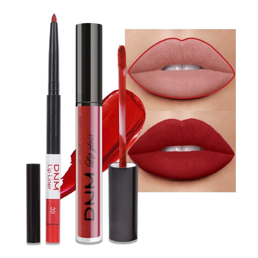 evpct Juego de 2 delineadores de labios y lápiz labial mate de color rojo oscuro oscuro, brillo labial, manchas, lápiz de maquillaje, conjunto de maquillaje para mujeres, lápiz labial líquido y delineador de labios de larga duración de 24 horas labiales mate 24 horas originales