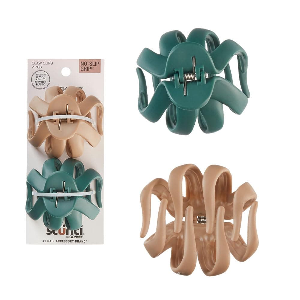 Clips de garra para mandíbula Scunci by Conair - accesorios para el cabello para mujeres - clips de garra para cabello grueso - clip de garra - Clip de pulpo - Beige y verde -2 unidades