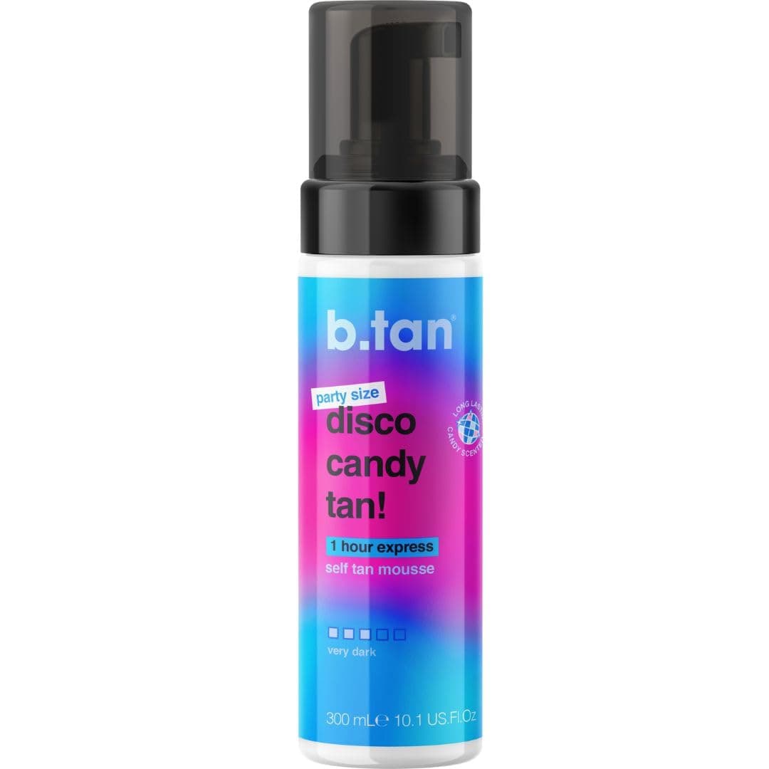 b.tan Mousse autobronceador grande con aroma a caramelo | Party Size Disco Candy Tan - Mejor, espuma bronceadora oscura sin sol exprés de 1 hora, bronceado falso resistente al sudor y a la transferencia, libre de crueldad, 10.1 onzas líquidas