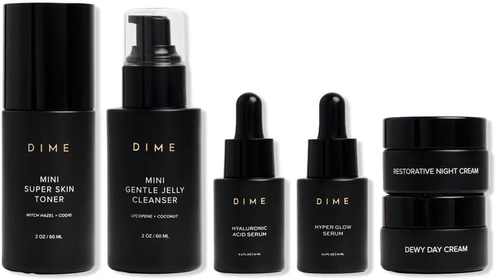 DIME Beauty The Works Discovery Set - Kit de cuidado de la piel de 6 piezas | Limpiador, tónico, suero Hyper Glow, suero de ácido hialurónico, cremas de día y de noche. Kit de inicio vegano y libre de crueldad animal.