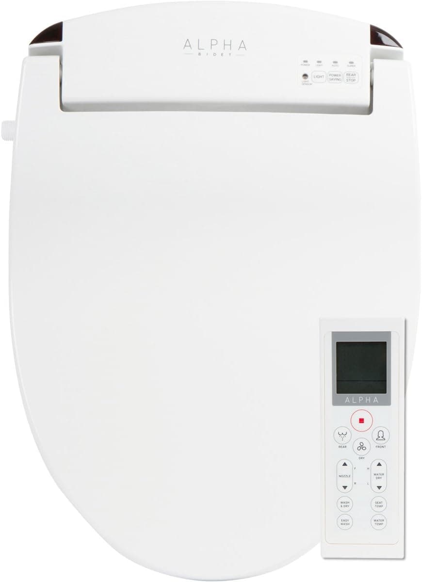 ALPHA BIDET JX2 Asiento de inodoro alargado para bidé, blanco, agua tibia sin fin, *NUEVO* niebla para tazón, luz LED, funcionamiento silencioso, control remoto inalámbrico, boquilla de acero inoxidable, tapa para sentarse, garantía de 3 años