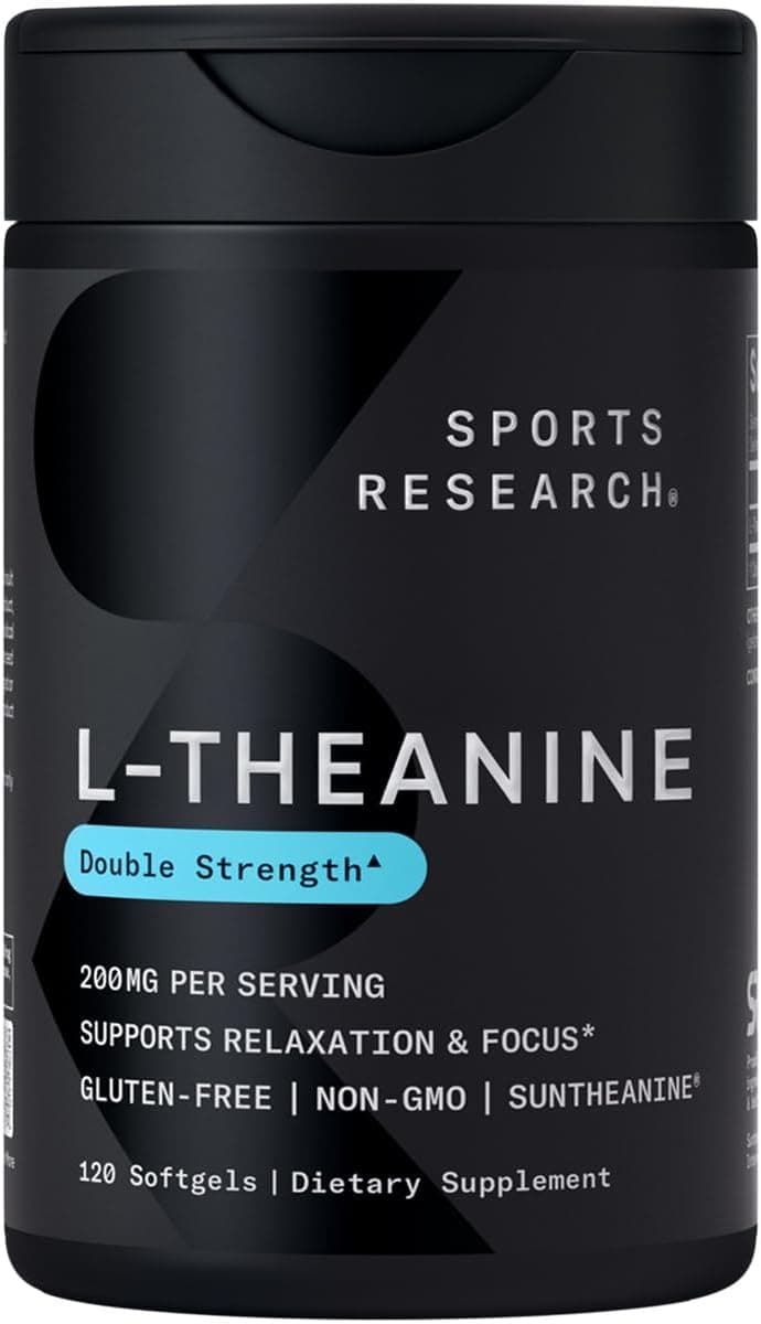 Sports Research® L-Theanine 200mg with Suntheanine®, 120 Softgels | Double Strength Relaxation, Focus & Mood Support - Made w/ Organic Coconut Oil | Non-GMO, Gluten-Free, 120 Servings