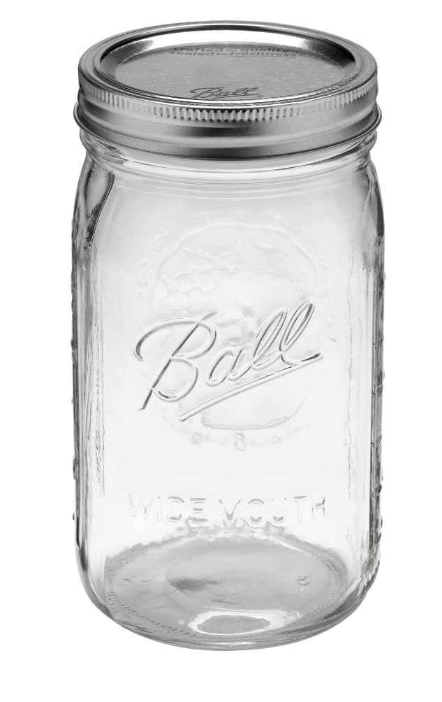Ball Mason Jar, recipiente de vidrio para latas con tapa plateada, tarro de almacenamiento y conservación de alimentos, mermelada de jugo y gelatina, boca ancha, 32 onzas (paquete de 1)