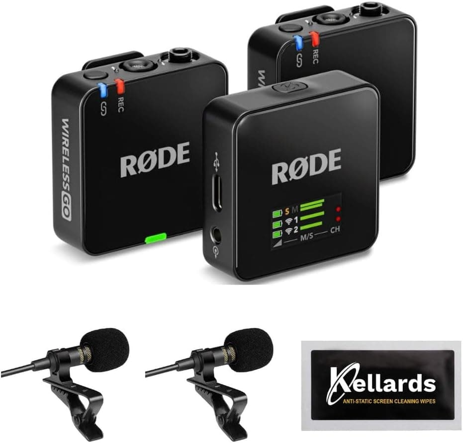 Rode Wireless GO (Gen 3) Grabador de micrófono inalámbrico digital compacto para 2 personas, paquete negro con micrófono de solapa Lavalier de grado (paquete de 2), paño de limpieza Kellards