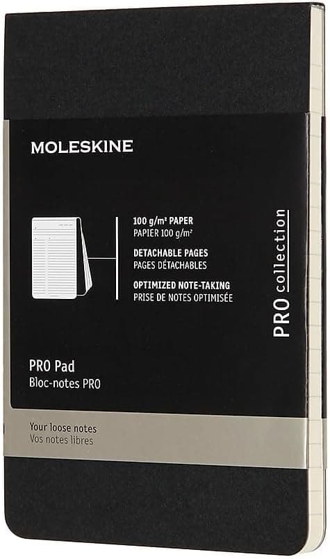 Moleskine Professional Pad, Pocket, Black (3.5 X 5.5) | Pocket 3.5" x 5.5" 96-page ruled notepad with detachable pages, bottom-flip design, and action-oriented meeting layouts.