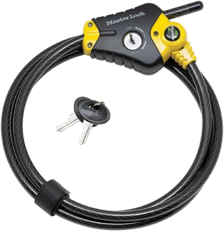 Master Lock Candado de cable Python de 6' para cámaras de rastreo y kayaks 8413DPF | El candado de cable con llave ajustable está fabricado con acero trenzado, candado resistente a la oxidación y cable recubierto de vinilo, cilindro tipo oblea con llave nueva