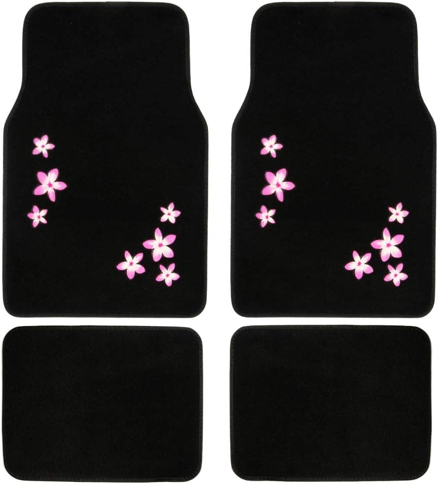 BDK Alfombrillas de piso de alfombra de diseño floral de flores rosas para camioneta automática SUV-4 piezas Set completo delantero y trasero con respaldo de goma: ajuste universal