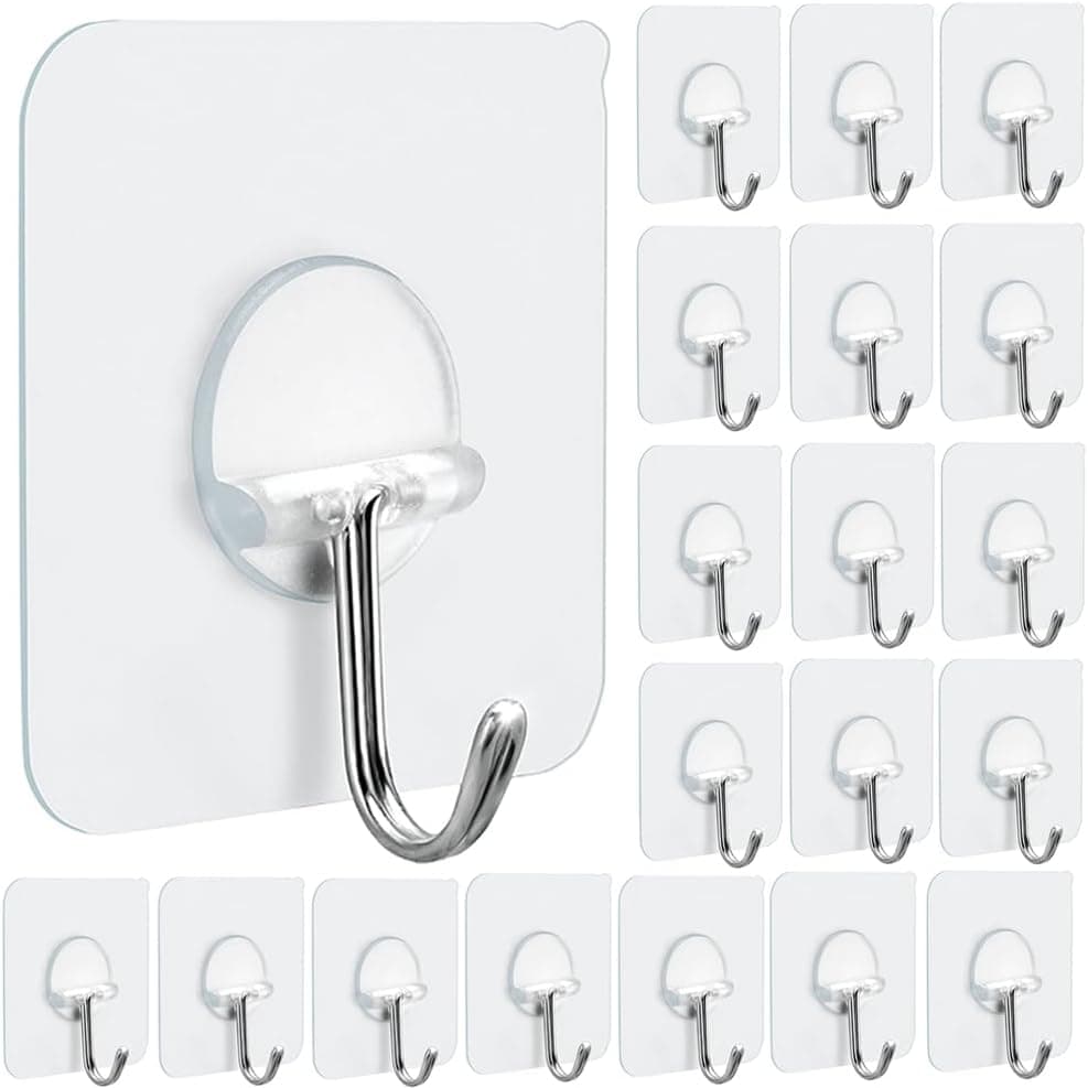 Ganchos adhesivos transparentes, sin taladro, ganchos adhesivos transparentes, resistentes, 15 libras, impermeables, ganchos de pared para baño, cocina, colgar toallas, llaves, 20 paquetes