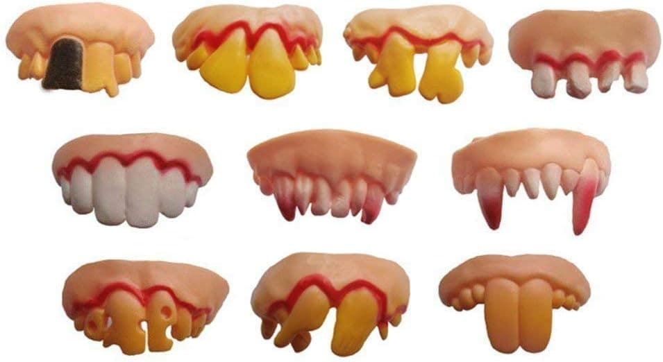 10 Uds. De colmillos de vampiro falsos y feos para Halloween, decoración de Halloween, tema, disfraz, favores de fiesta, dientes de dentadura postiza de vampiro