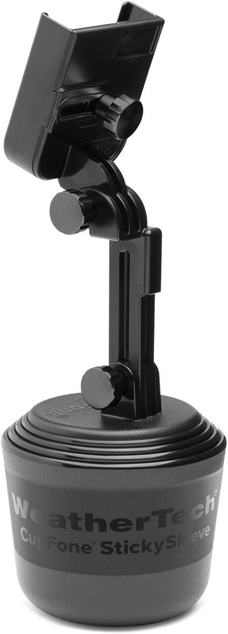 WeatherTech CupFone con extensión – Portavasos universal ajustable para teléfono celular, accesorio para automóvil y camión – El mejor diseño para cargar iPhone y teléfonos inteligentes – Perillas de metal negras