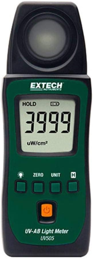 Extech UV505 Medidor de luz UV-AB de bolsillo - Medidor UVA/UVB portátil compacto, mide la intensidad UV, retención de pico, mín./máx., LCD retroiluminado, monitoreo de luz solar de campo y laboratorio