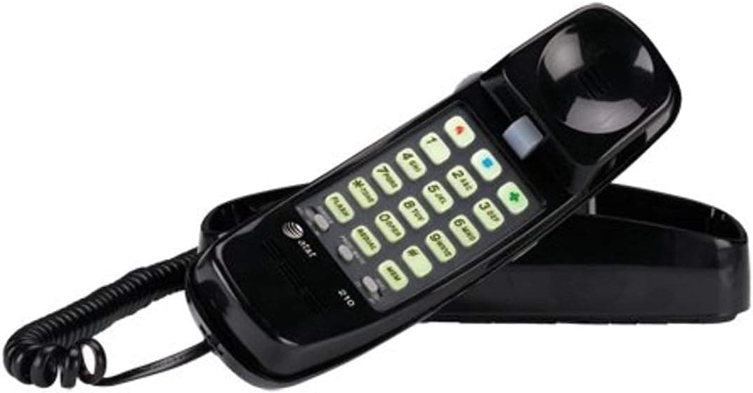 Teléfono con cable AT&T 210 Basic Trimline, no requiere alimentación de CA, montaje en pared, negro | No requiere alimentación de CA, se puede montar en la pared