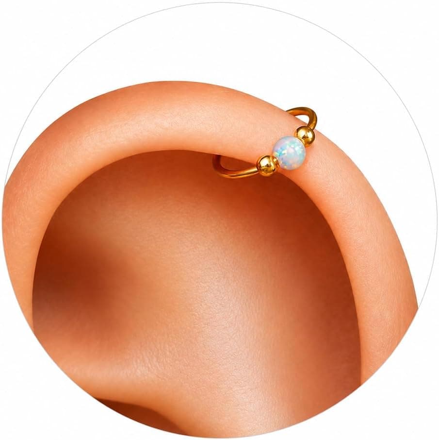 Lugasis FINE JEWELRY Gold Cartilage Helix Earring - 14k Gold Filled Helix Hoop With 3mm White Opal – Handmade Hypoallergenic 20 Gauge Cartilage Piercing Hoop For Women