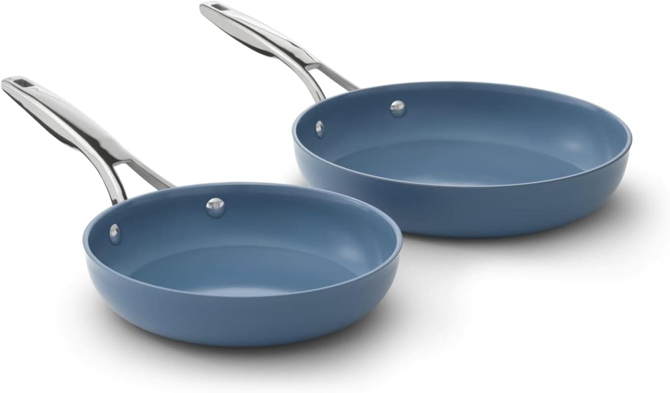 Calphalon Premier Juego de sartenes de cerámica antiadherentes de 8 y 10 pulgadas, sartenes de cerámica duraderas para dorar, saltear, utensilios de cocina de larga duración sin PFAS, aptos para lavavajillas, macarrón
