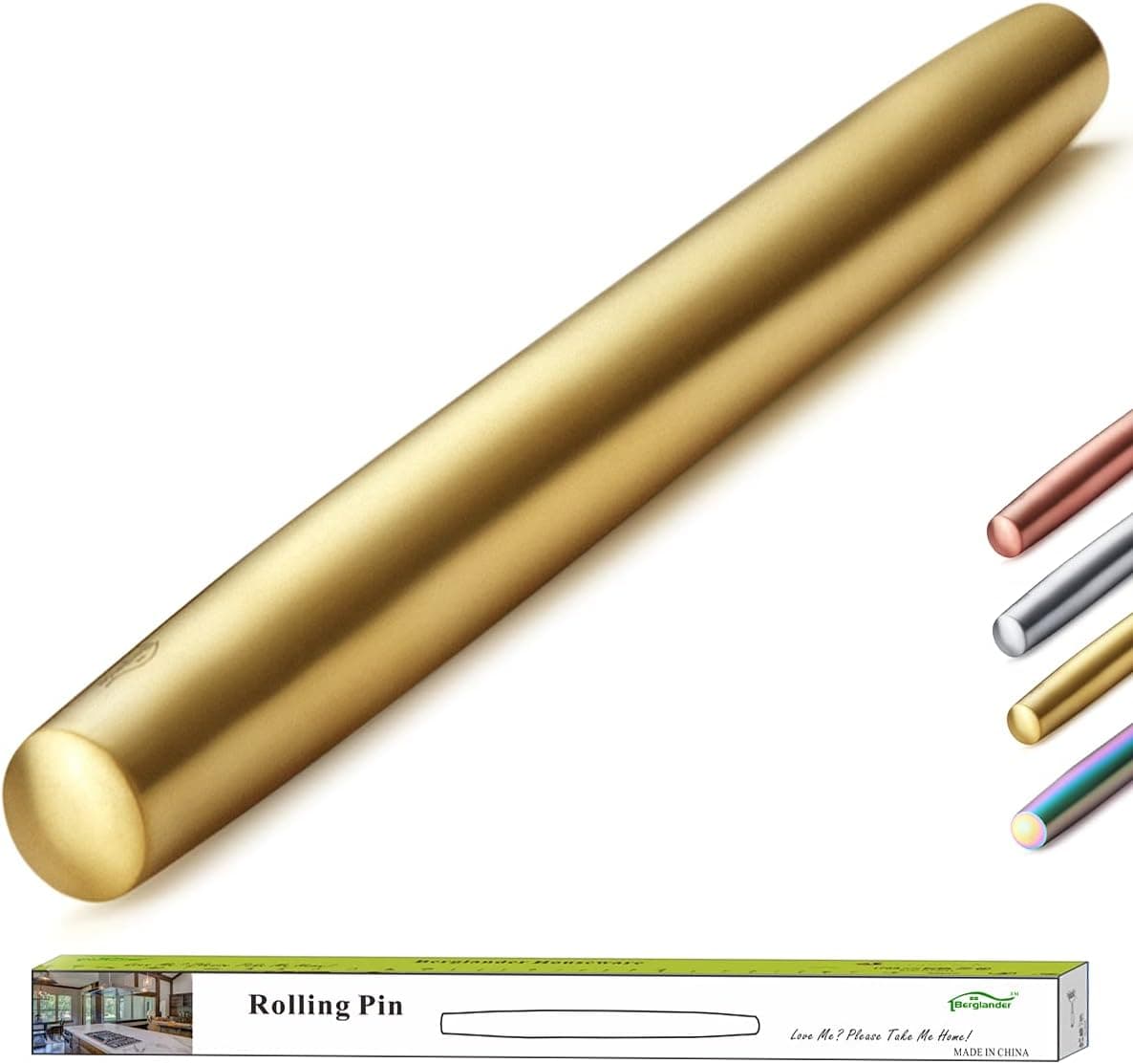 Rodillo dorado Berglander, acabado mate de acero inoxidable de 16,7 pulgadas con rodillo chapado en titanio dorado para hornear, pizza, masa, pastel, galletas, utensilios de cocina esenciales, ideas de regalos para panaderos.