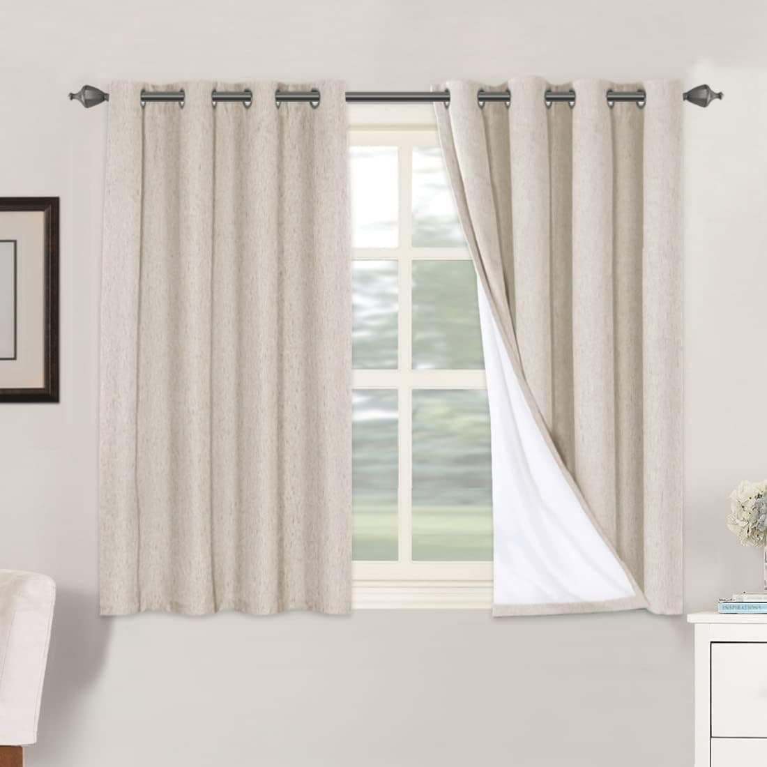 H.VERSAILTEX Cortinas opacas de lino de 45 pulgadas de largo 100% Cortinas de lino texturizadas con aislamiento térmico Cortinas antióxido, ahorro de energía con revestimiento blanco, 2 paneles, natural
