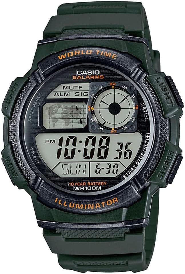 Serie Casio AE1000W | Reloj digital para hombre | 100M WR | Alarmas múltiples | Cronómetro de 100 segundos | Temporizador de cuenta regresiva | Mapa mundial para la hora mundial | Luz LED | Pantalla analógica LC | Batería de 10 años