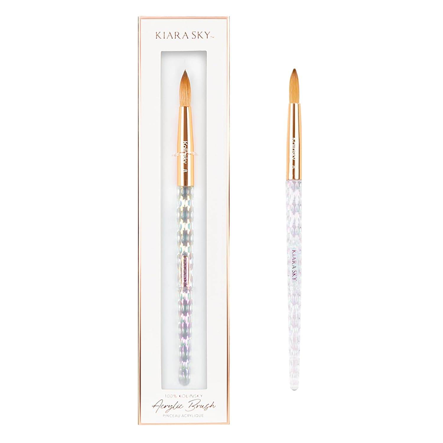 Kiara Sky Kolinsky Cepillo de uñas acrílico #8 – Pelo puro Kolinsky Sable, mango de cristal iridiscente, resistente a la acetona, para aplicación acrílica, extensiones y arte de uñas 3D