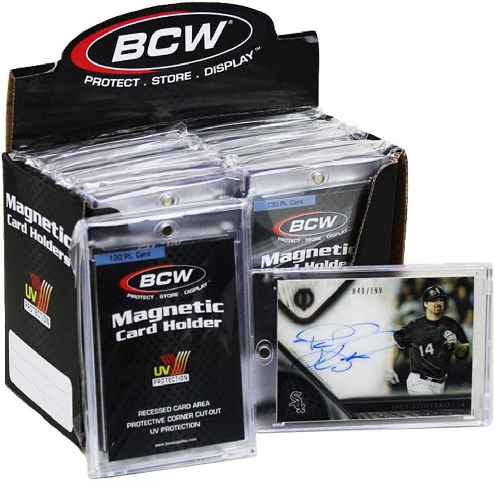 BCW 130 Pt Magnetic Card Holders with Gold Magnet Closure, Clear, 14 Count | Clear two-piece holders fit cards up to 130 pt with recessed arrowhead corners, a gold magnet closure, and tool-free access.