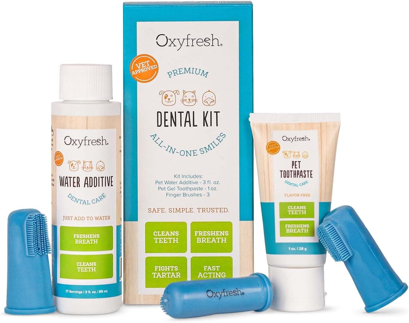 Oxyfresh Premium Kit dental para mascotas para perros y gatos – Ambientador de aliento y solución de limpieza de dientes más fácil para aliento fresco, dientes limpios, control de placa y sarro – Pasta de dientes de 1 oz + aditivo de agua de 3 oz