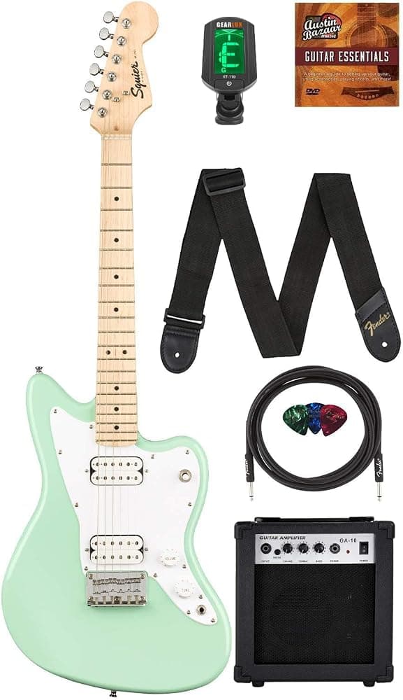 Fender Squier Guitarra eléctrica Mini Jazzmaster para niños de tamaño 3/4, paquete verde surf con amplificador, cable de instrumento, afinador, correa, púas y DVD instructivo de Austin Bazaar