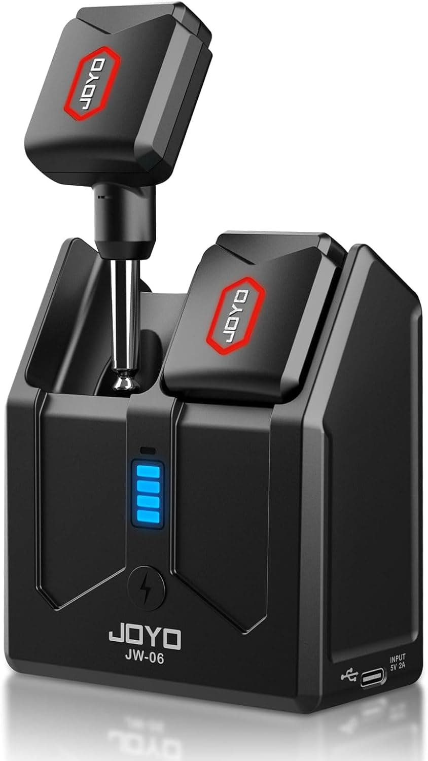JOYO 5.8GHz Wireless Guitar System Transmitter and Receiver with Charging Case, 18H Battery life, 48kHz/24Bit, Low Latency, 4 Channels, Plug & Play for Electric Guitar & Bass (JW-06)