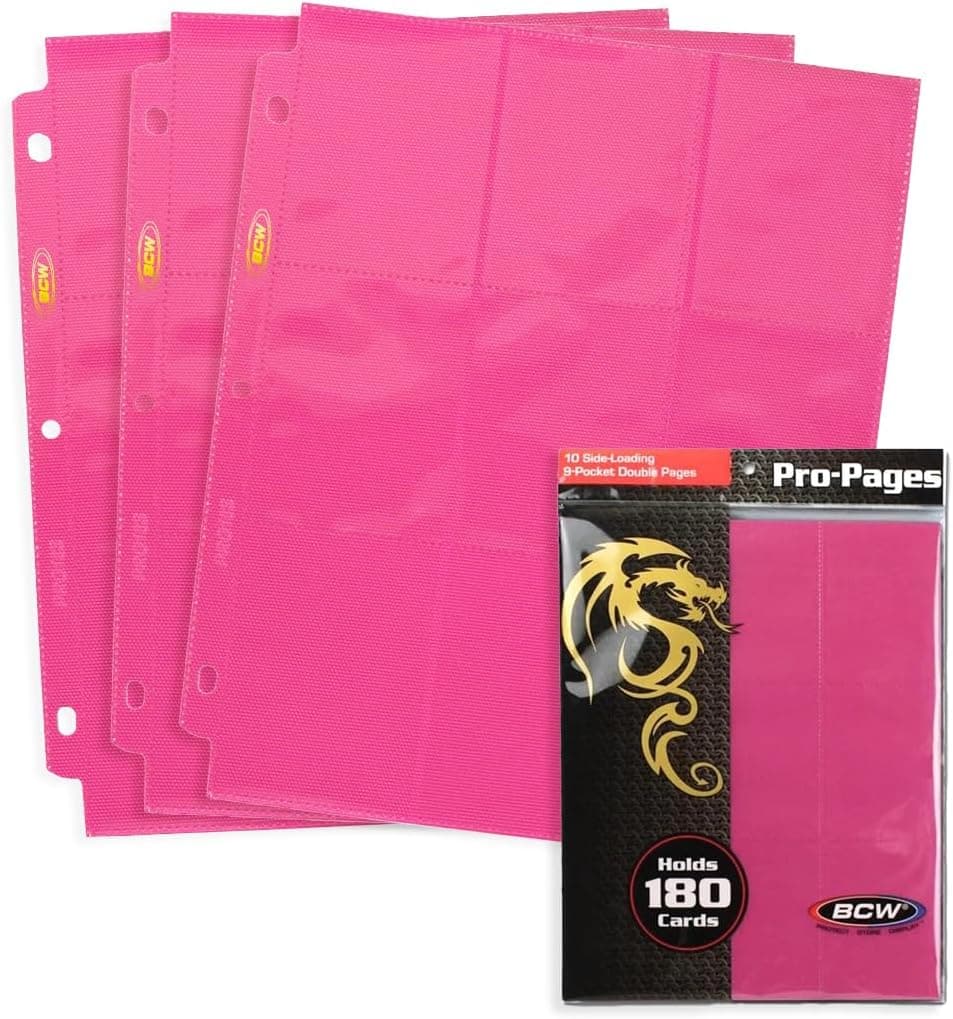 BCW Double-Sided 9-Pocket Pages Holder - 10 Pink Pages | Trading Card Binder Sheets | Secure Side Loading | Ideal Card Storage and Display Solution