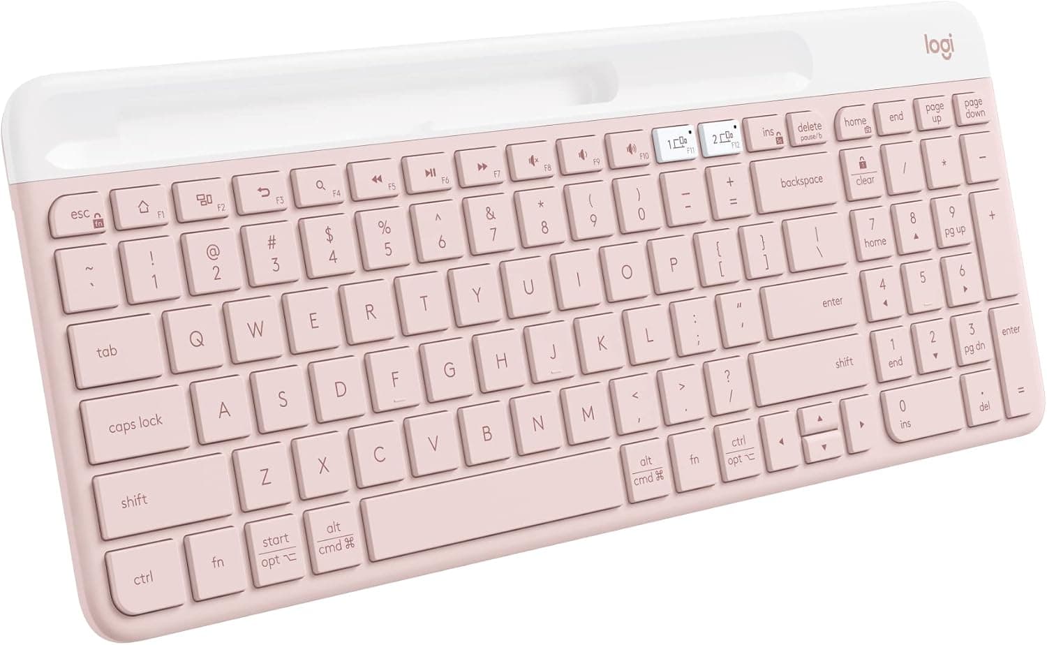 Teclado inalámbrico delgado Logitech K585 con base para teléfono incorporada - Rosa | Bluetooth con receptor USB incluido, conecta 2 dispositivos, la base puede contener un teléfono inteligente o una tableta de hasta 10 pulgadas en modo horizontal