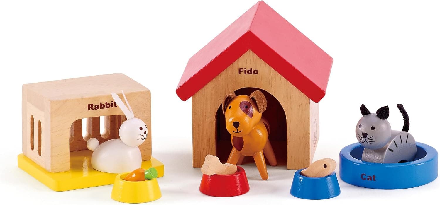 Juego de animales de casa de muñecas de madera Hape Family Pets