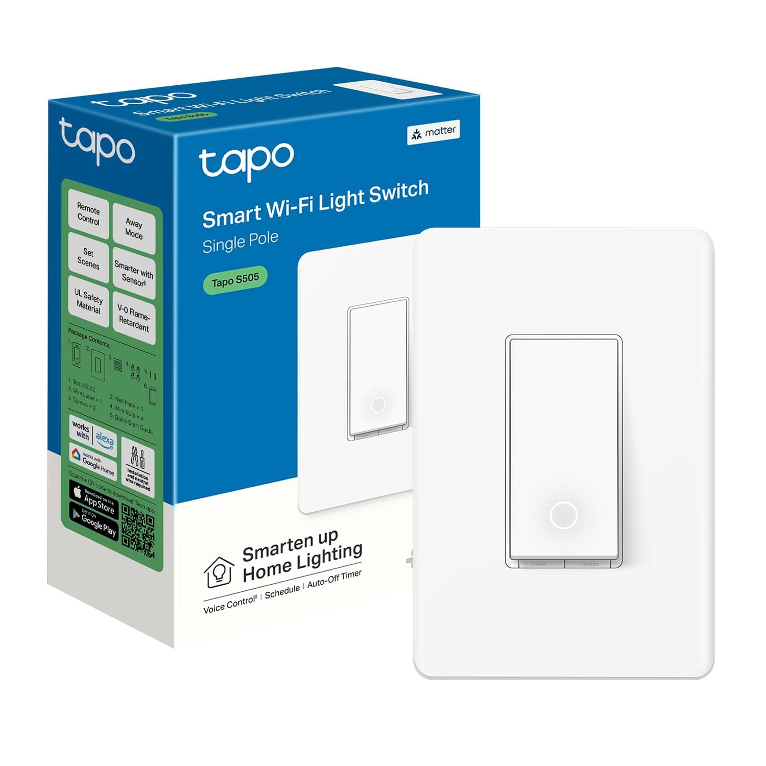 Interruptor de luz inteligente Tapo Matter, S505, unipolar, necesita cable neutro | Control por voz con Siri, Alexa y Google Home, certificación UL, temporizador y programación, instalación guiada sencilla