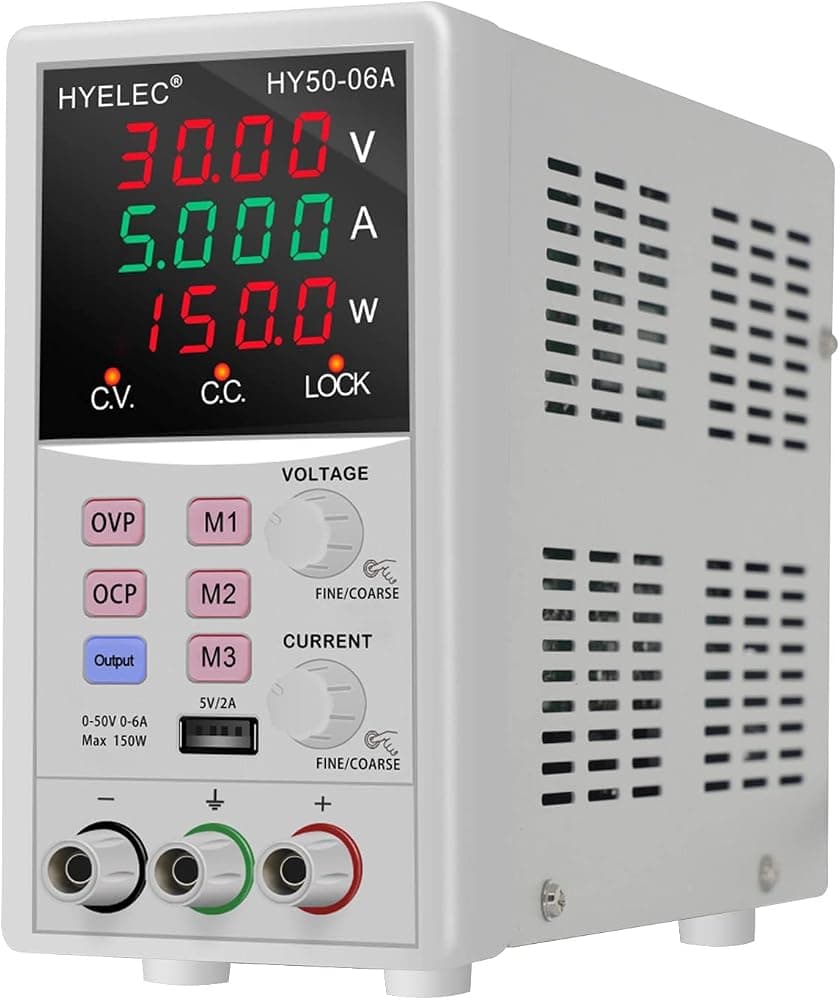 Fuente de alimentación CC variable, 0-50 V 0-6 A máx. Fuente de alimentación de banco regulada conmutada de 150 W con memoria, pantalla LED de 4 dígitos, interfaz USB 5 V2 A, interruptor de salida, ajustes gruesos y finos