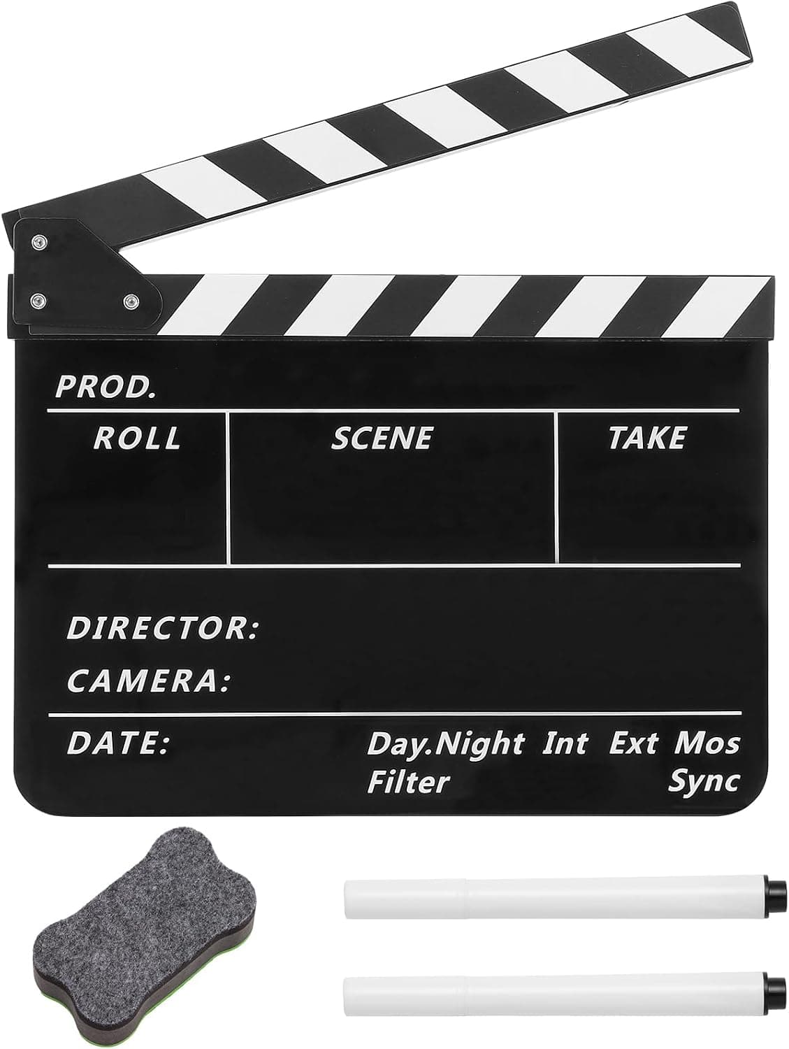 Tablero de claqueta de pizarra de película, tablilla acrílica negra de directores de cine | Tablilla de película de 9,6 x 11,7 pulgadas, accesorio de escena de acción cortada para fotografía y grabación de vídeo, viene con borrador magnético y 2 bolígrafos