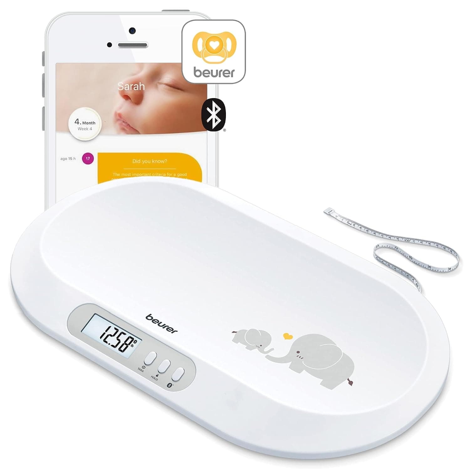 Beurer BY90 Digital Baby & Pet Scale with Bluetooth for Infants, Cats & Dogs, Weighing in Lbs/Oz/Kg up to 44 lbs, Hold & Tare Function for Accuracy & Curved Platform