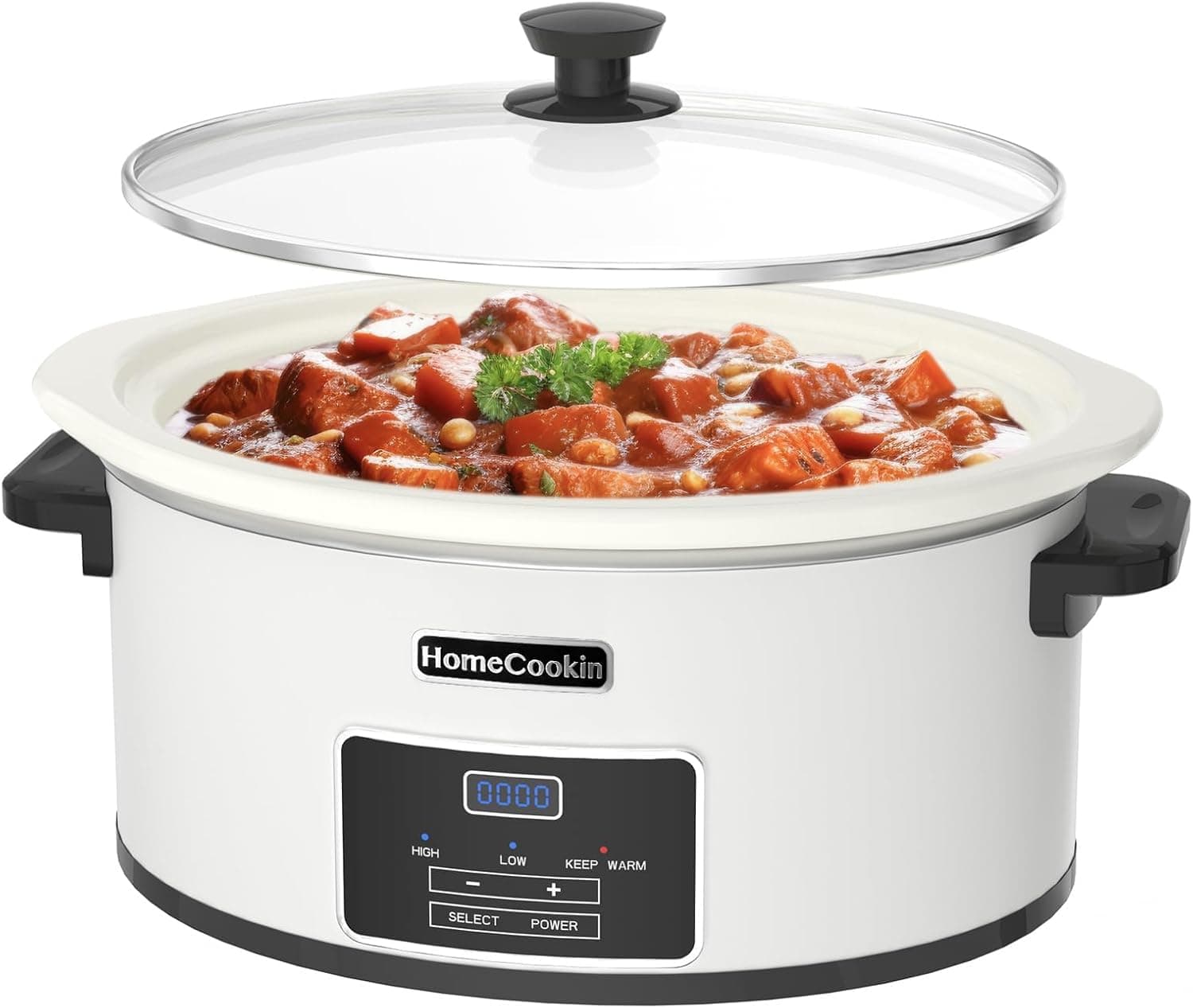 HOMECOOKIN Olla de cocción lenta programable de 6 cuartos con temporizador - Pequeño electrodoméstico de cocina para cenas familiares - Sirve a más de 6 personas - Configuraciones de calor: Mantener caliente (blanco)
