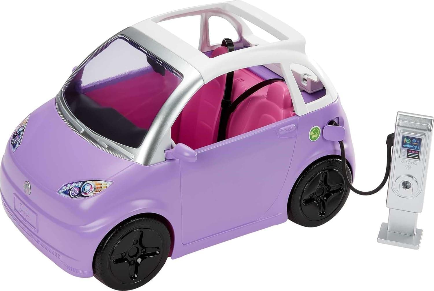 Accesorios para muñecas Barbie, vehículo eléctrico de juguete con estación de carga, enchufe y techo corredizo, color morado de 2 plazas que se transforma en descapotable
