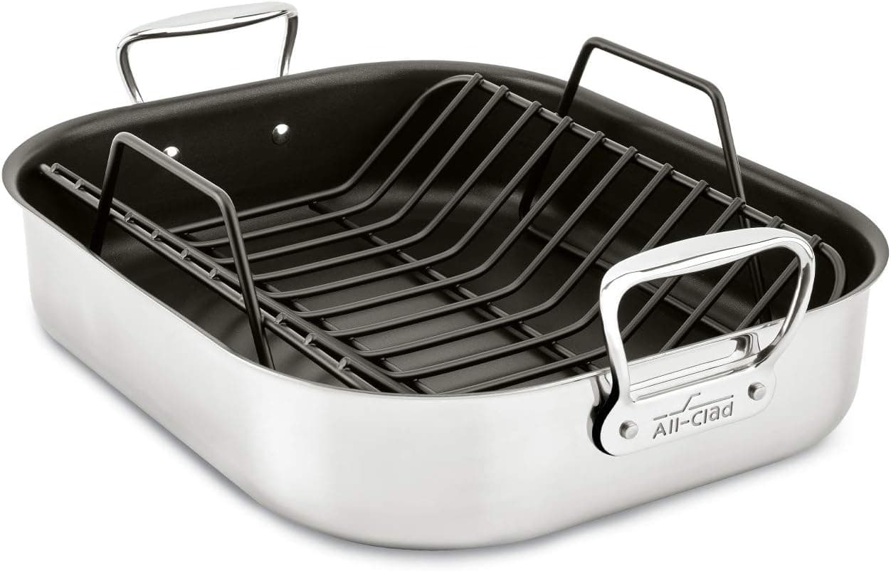 Asador grande All-Clad Specialty de acero inoxidable con rejilla antiadherente, 13 x 16 pulgadas, apto para horno, asador, 500 F, sartén, ollas y sartenes, utensilios de cocina plateados