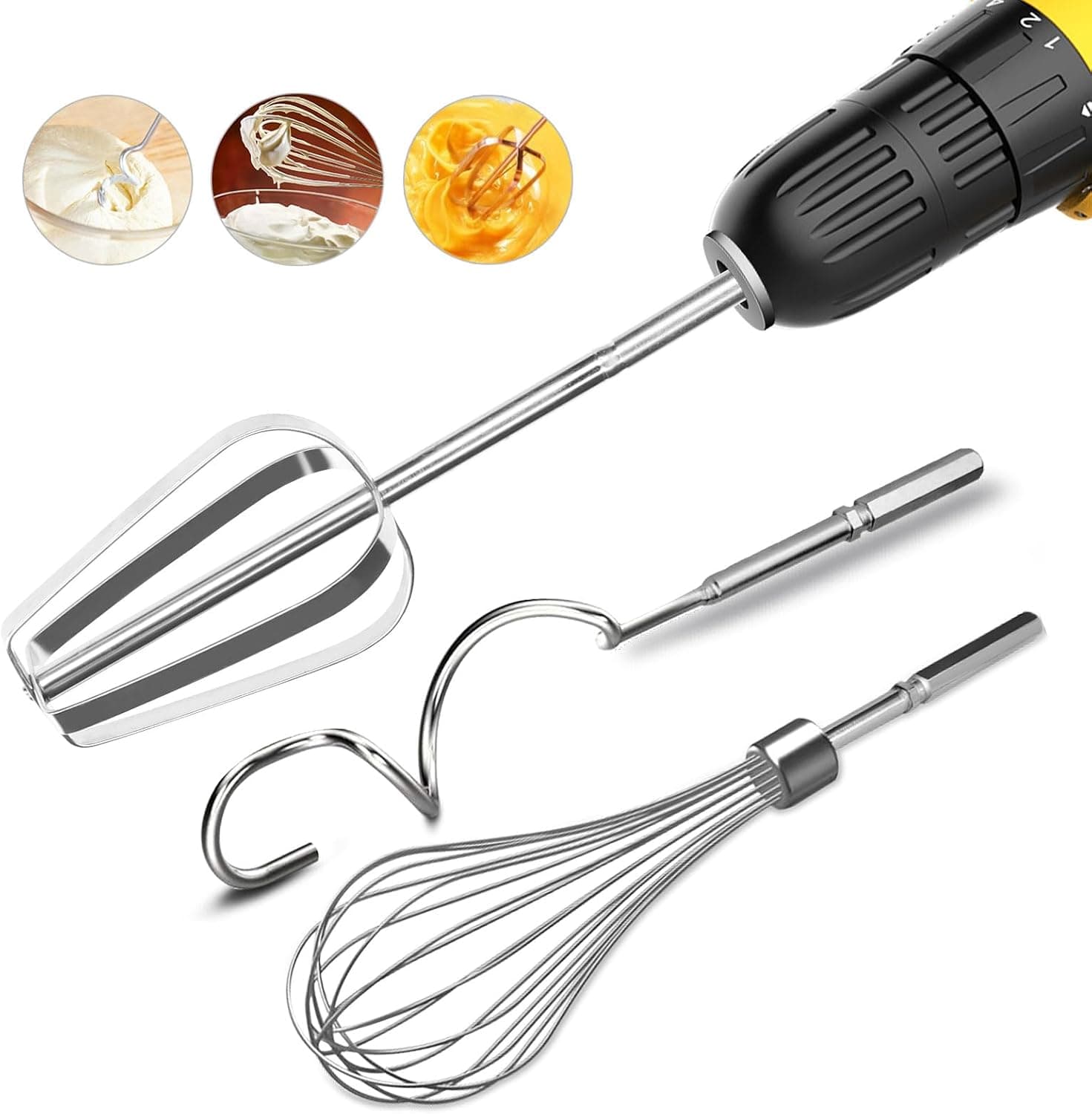 Homicozy Juego de accesorios para batidora manual de acero inoxidable de 3 piezas: batidor, gancho para masa, batidor de huevos para taladros, apto para lavavajillas, 7,5 pulgadas (taladro no incluido)