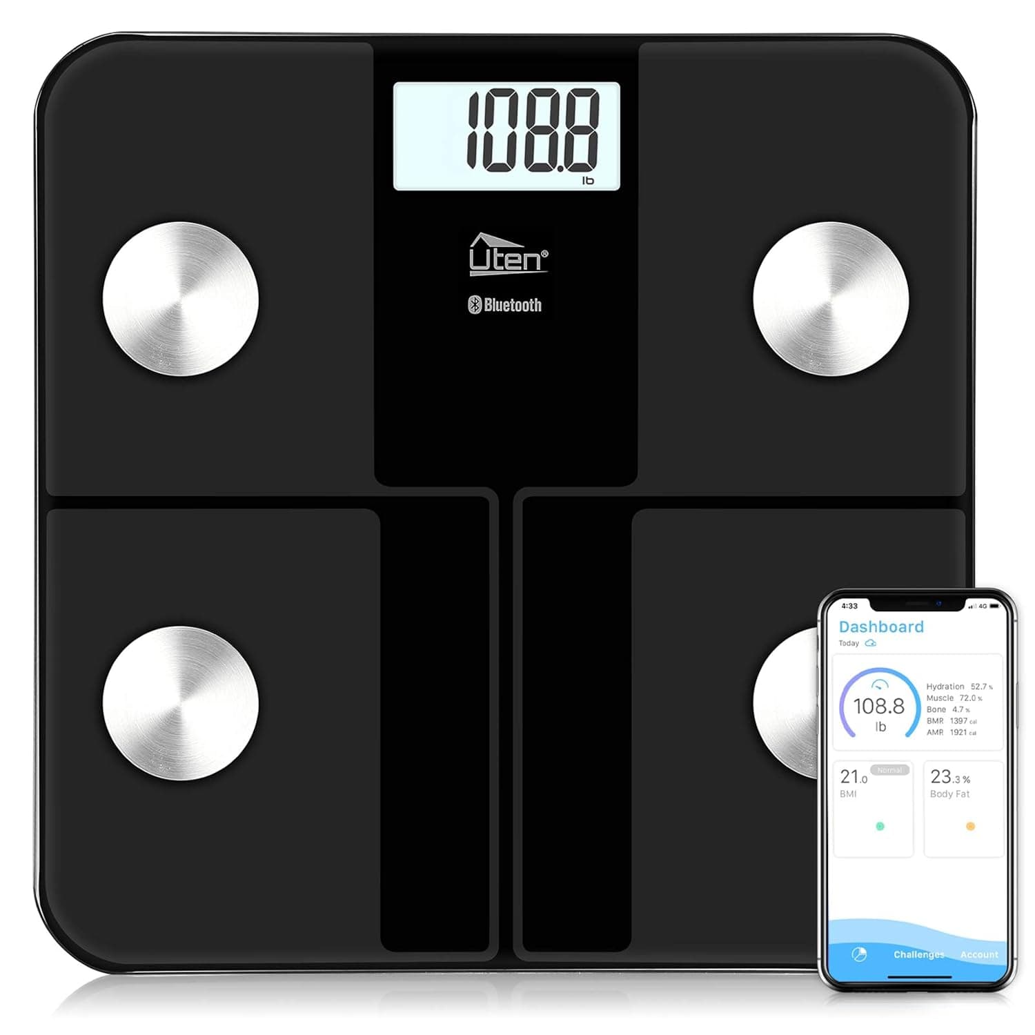 Báscula inteligente Uten para peso corporal, báscula digital de baño inalámbrica con grasa corporal y peso de agua para personas, máquina analizadora corporal electrónica Bluetooth IMC con aplicación para teléfono inteligente, 400 lb, color negro