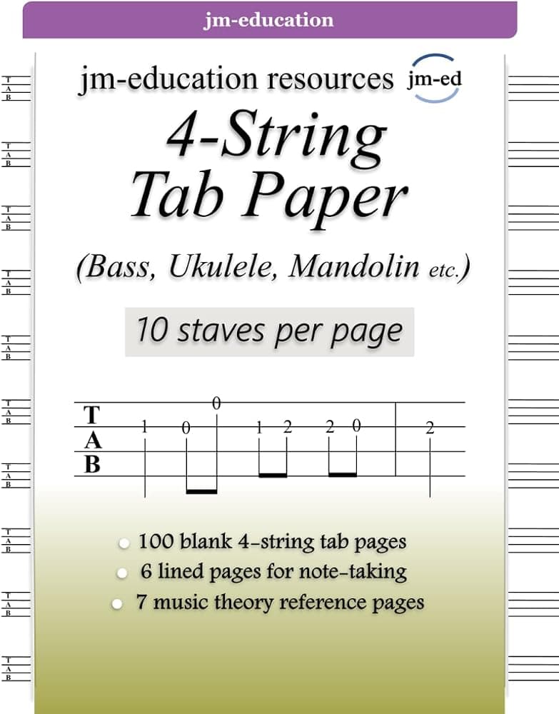 Papel de 4 cuerdas (bajo, ukelele, mandolina, etc.): 10 pentagramas por página