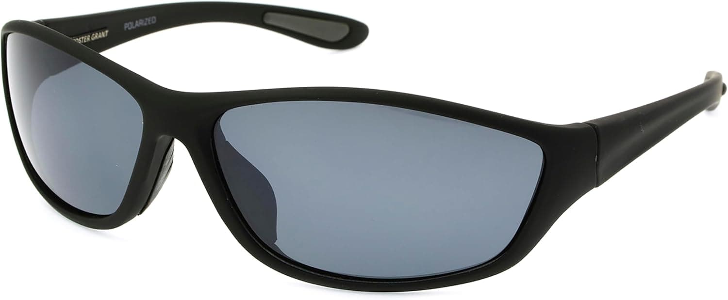 Foster Grant Men's Backstop Polarized Wrap Sunglasses, Black/Black, 150 mm