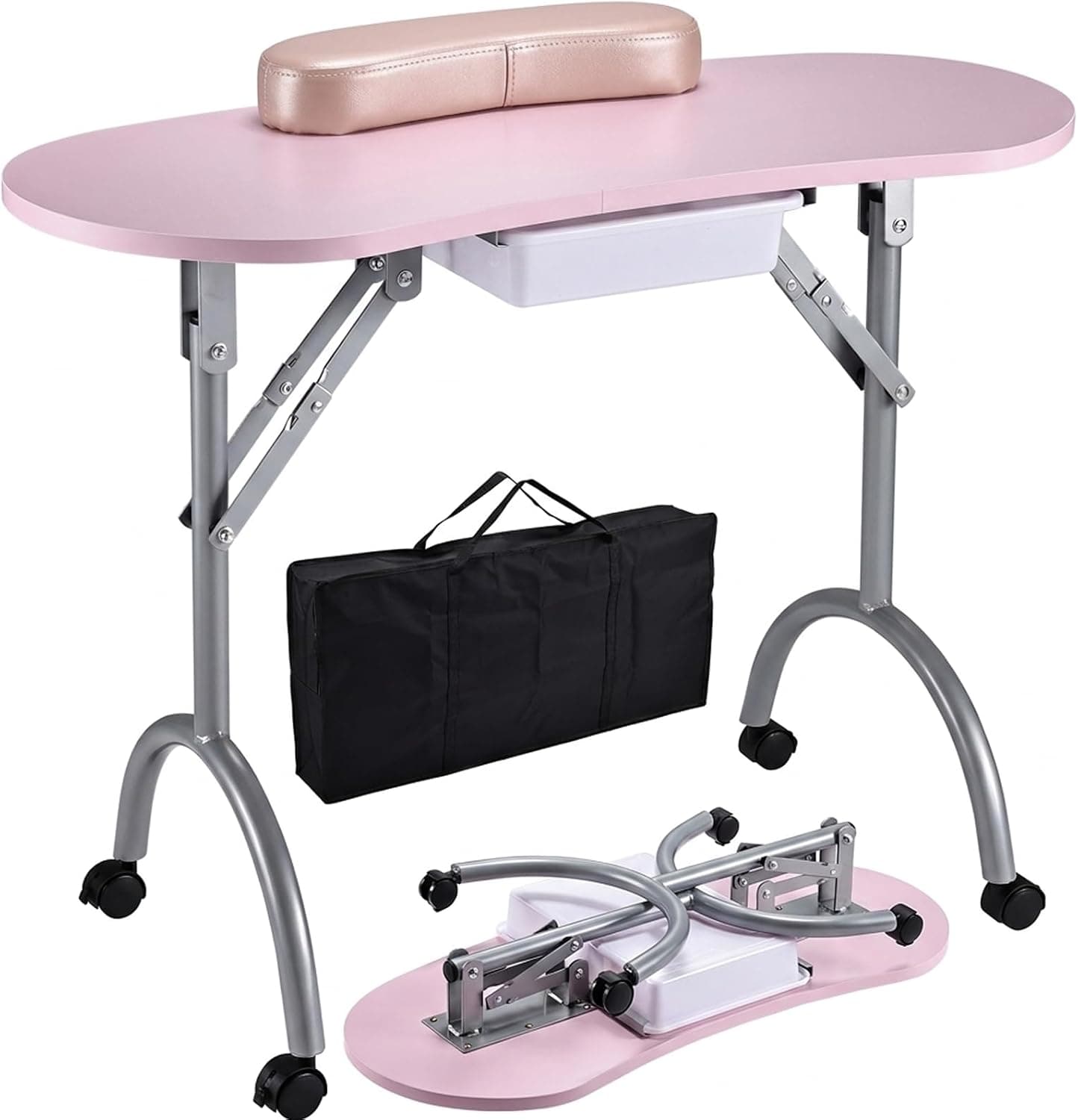 Joligrace Mesa de Manicura Escritorio de Uñas Mesa Portátil Plegable Profesional | Estación de trabajo para técnico de uñas, 4 ruedas bloqueables con cajón, almohadilla para la muñeca del cliente, bolsa de transporte gratuita, mesa de spa para tecnología de uñas de viaje, color rosa