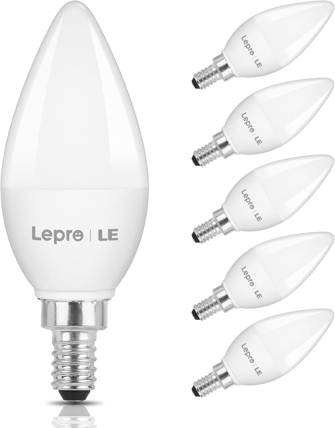 Bombillas LED para candelabro Lepro E12, luz diurna de 5000 K, equivalente a 40 W, paquete de 6 | B11 C37 Luz tipo vela con base pequeña tipo B para ventilador de techo y lámpara de araña. Construcción de plástico duradero, no regulable, 5,5 W 450 lm