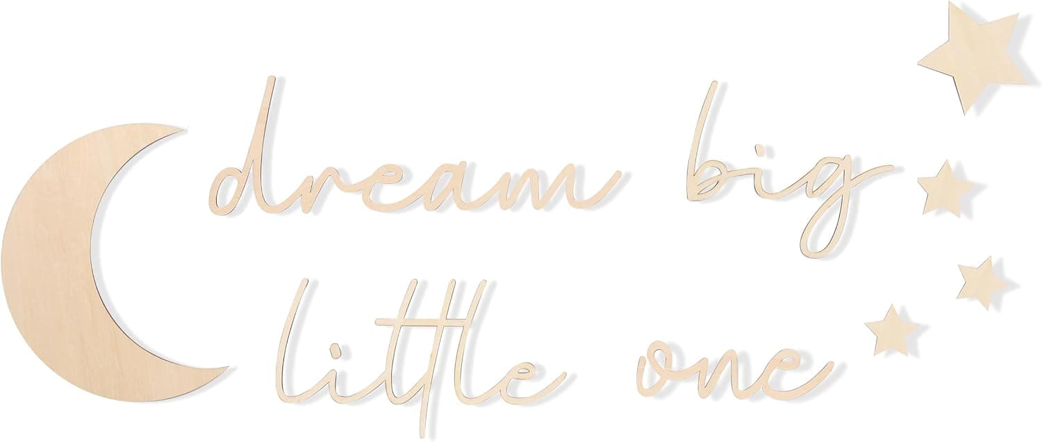 Letras de madera Dream big little one - Letrero de palabras de madera contrachapada para decoración, cita en la habitación de los niños, arte de la pared de la guardería, arte de texto con palabras de madera (Dream big little one)