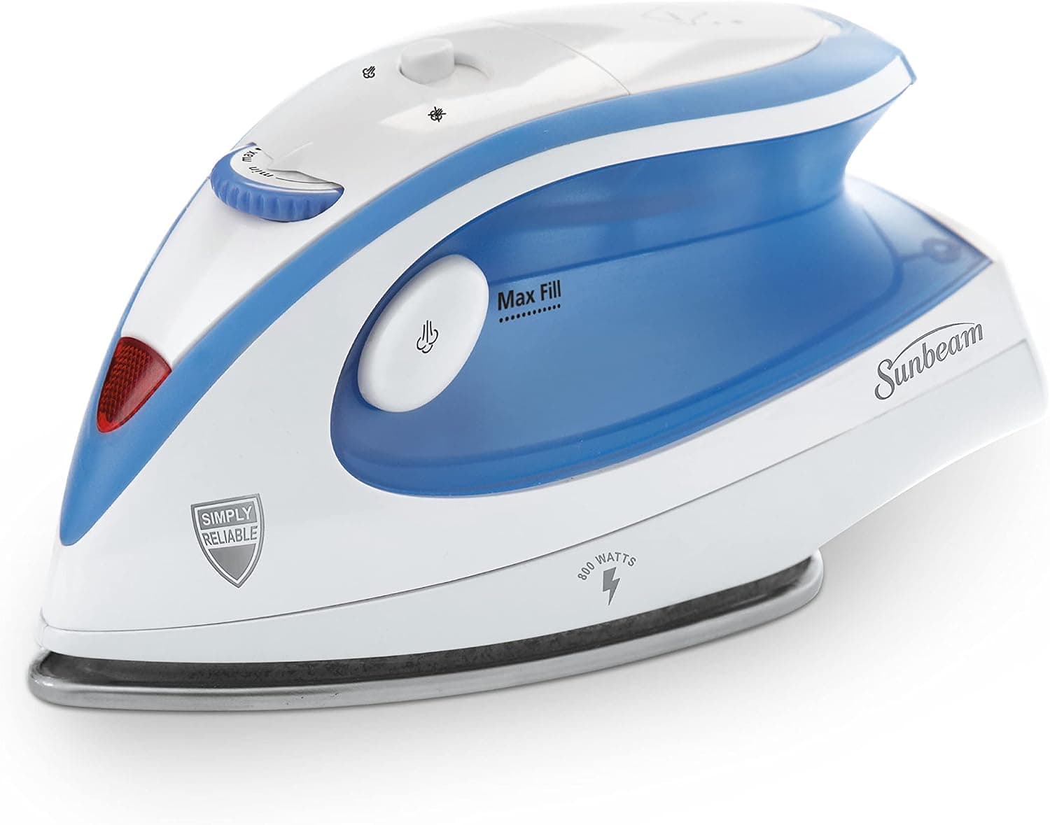 Sunbeam Hot-2-Trot Plancha de vapor de viaje, 800 W, doble voltaje 120/240, tamaño compacto, portátil, suela antiadherente, mango suave al tacto, uso horizontal o vertical, blanco y azul