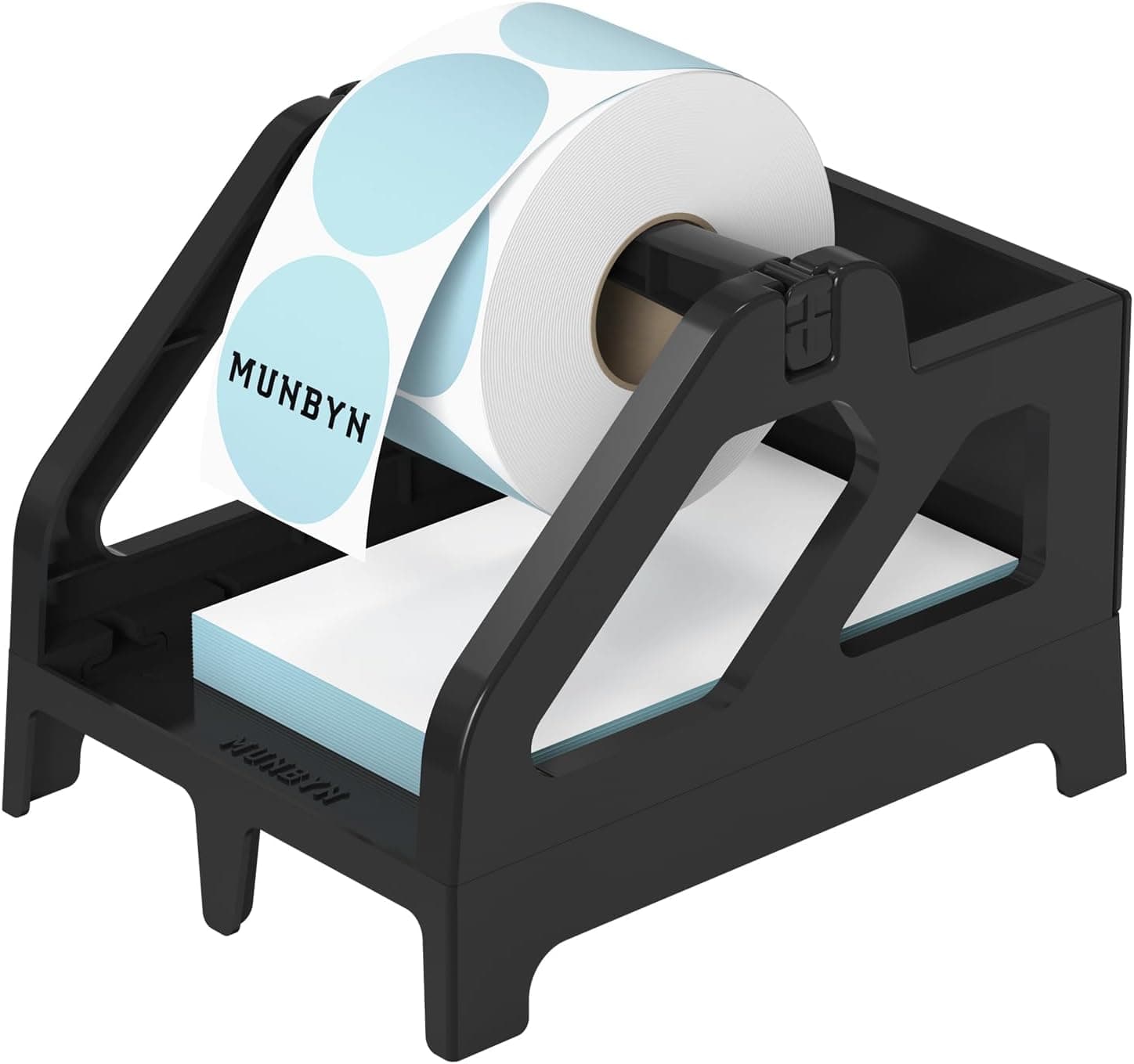 MUNBYN Portaetiquetas para rollos y etiquetas plegadas en abanico, negro | Portarrollos de pegatinas térmicas, para impresora térmica de escritorio, suministros de envío de papel industrial